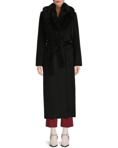 Sofia Cashmere Shearling Trim & Wool Blend Longline Coat - Black