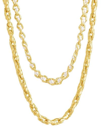 Sterling Forever Amedea Rhodium Plated & Faux Pearl Layered Chain Necklace - Metallic
