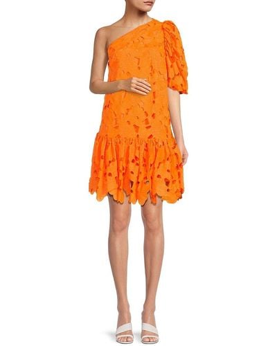 Zac Posen One Shoulder Drop Waist Lace Dress - Orange