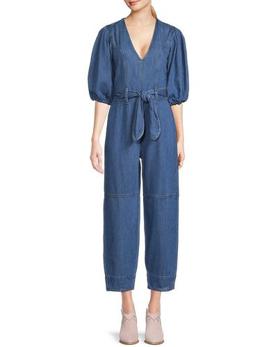 7 For All Mankind Puff Sleeves Denim Jumpsuit - Blue