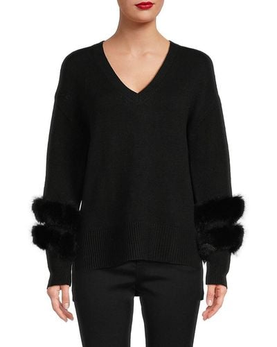 Saks Fifth Avenue Faux Fur Trim Sweater - Black