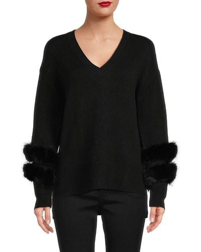 Saks Fifth Avenue Saks Fifth Avenue Faux Fur Trim Jumper - Black