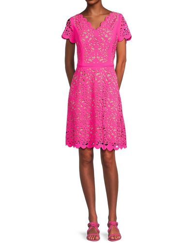 FOCUS BY SHANI Laser Cut Fit & Flare Dress - Pink