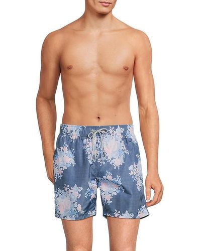 Vintage Summer Floral Drawstring Swim Shorts - Blue