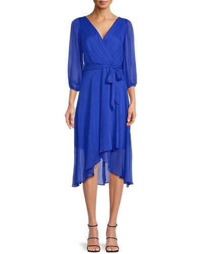 DKNY Balloon Sleeve Belted Wrap Dress - Blue