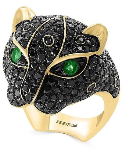 Effy 14k Yellow Gold, Black Diamond & Emerald Ring/size 6