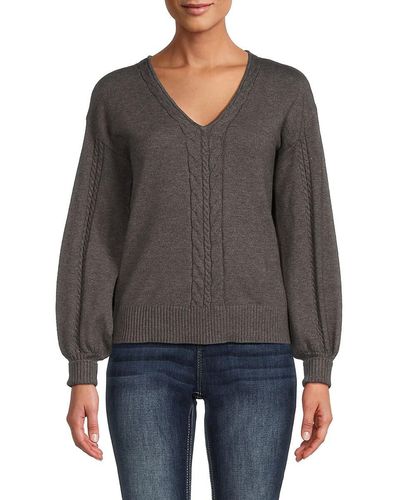 Ellen Tracy Cableknit V Neck Sweater - Gray
