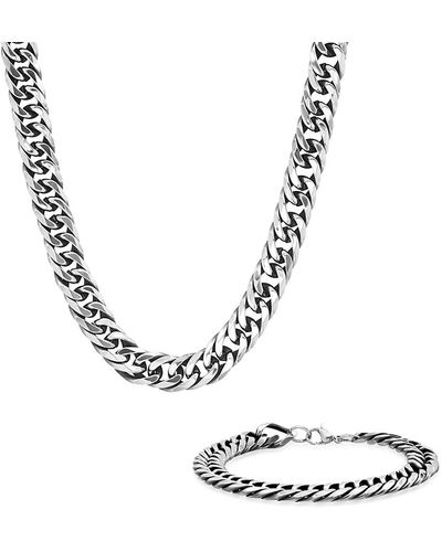 Anthony Jacobs 2-piece Stainless Steel Cuban Link Chain Bracelet & Necklace Set - Metallic