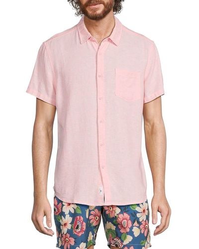 Vintage Summer Short Sleeve Linen Blend Button Down Shirt - Pink