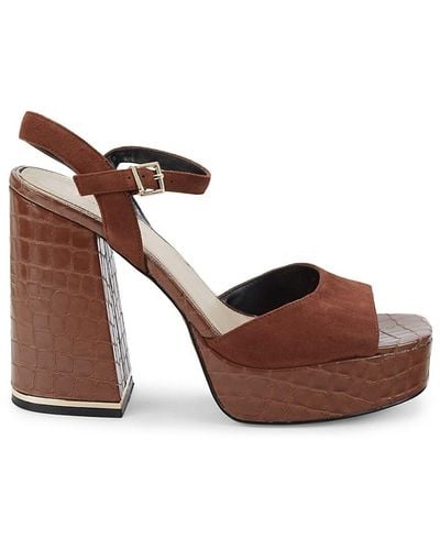 Kenneth Cole Dolly Suede & Croc Embossed Leather Sandals - Brown