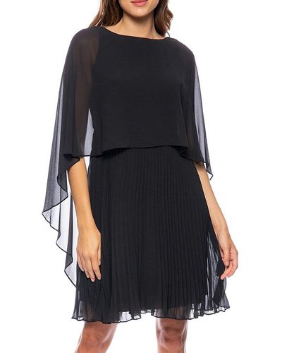 Marina Capelet Pleated Chiffon Dress - Black
