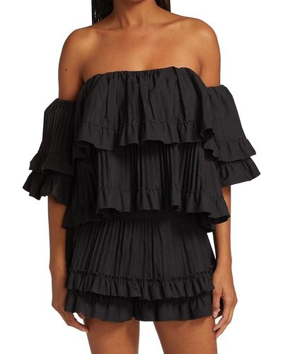 Brandon Maxwell Tiered Cropped Off Shoulder Top - Black