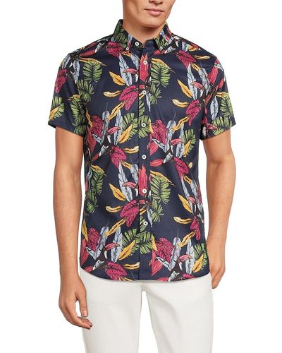 Report Collection Tropical Button Down Shirt - Blue