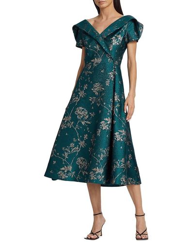 Teri Jon Short Sleeve Floral Jacquard Midi Dress - Green