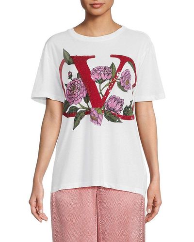 Valentino Logo Graphic Floral T Shirt - White
