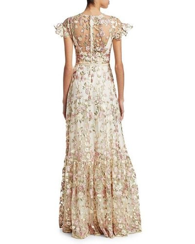 ML Monique Lhuillier Embroidered Floral Overlay Gown - Natural