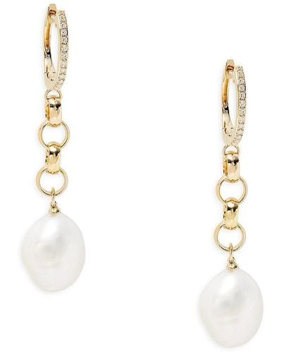 Effy 14K, 11Mm Freshwater Pearl & Diamond Drop Earrings - White