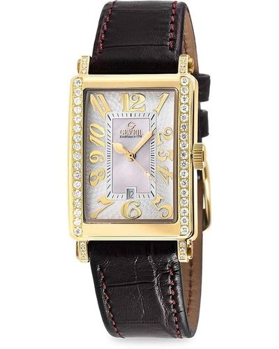 Gevril Avenue Of Americas Mini 25mm Ion Plated Goldtone Stainless Steel, Mother Of Pearl & Diamond Leather Strap Watch - Multicolor