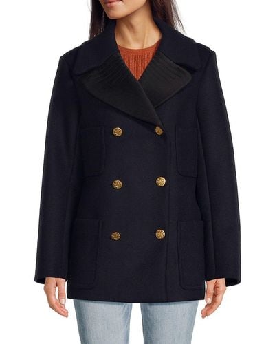 Sandro Wool Blend Double Breasted Peacoat - Blue