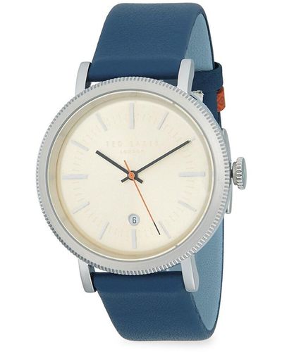 Ted Baker Etched Stainless Steel Leather Strap Watch - Blue