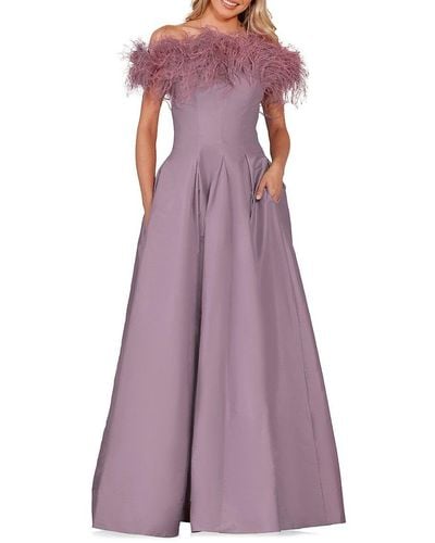 Terani Feather Trim Off Shoulder Gown - Purple