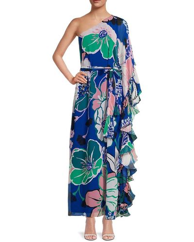 Emanuel Ungaro Whitney Floral One Shoulder Maxi Dress - Blue