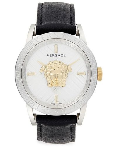 Versace 43mm Stainless Steel Case & Leather Strap Logo Watch - White