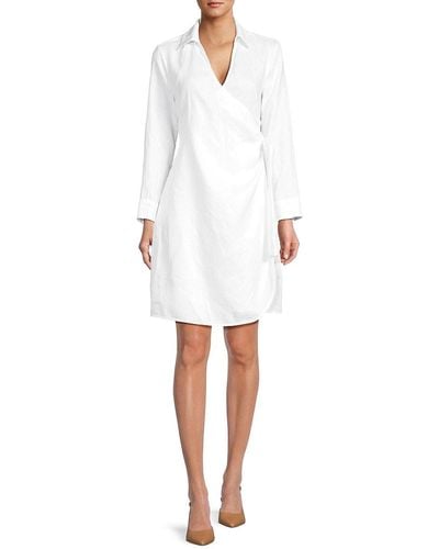 Saks Fifth Avenue Striped 100% Linen Midi Wrap Dress - White