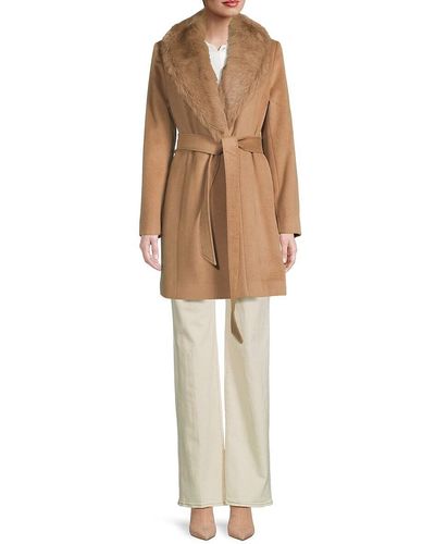 Sofia Cashmere Wool Blend & Shearling Wrap Coat - Natural