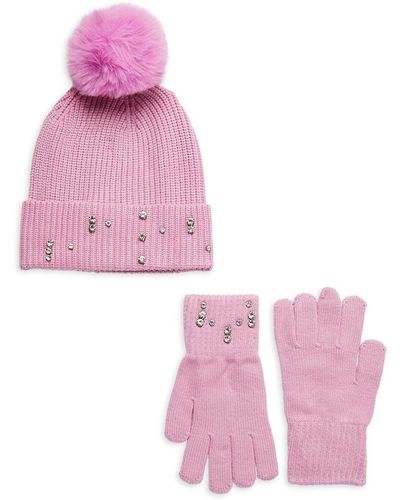 Saks Fifth Avenue Saks Fifth Avenue 2-Piece Faux Fur Embellished Beanie & Gloves Set - Pink