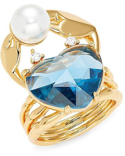 Kate Spade Plated Brass, Cubic Zirconia & Faux Pearl Heart Crab Ring - Blue