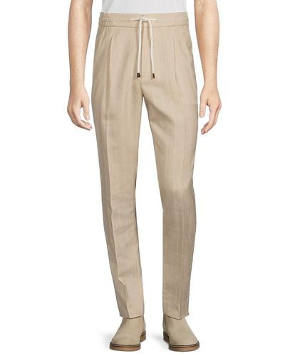 Brunello Cucinelli Leisure Fit Striped Drawstring Linen Blend Trousers - Natural