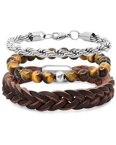Anthony Jacobs 3-Piece Stainless Steel, Leather & Tiger Eye Bracelet Set - White