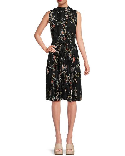 Nanette Lepore Pleated Floral Fit & Flare Midi Dress - Black
