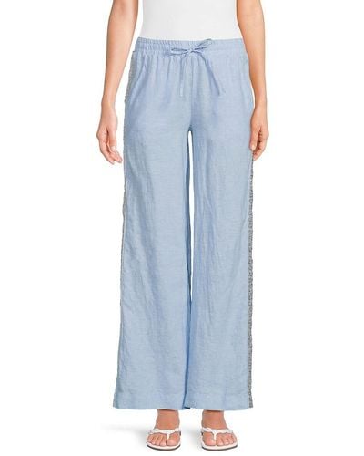 Saks Fifth Avenue Sequin Trim 100% Linen Pants - Blue