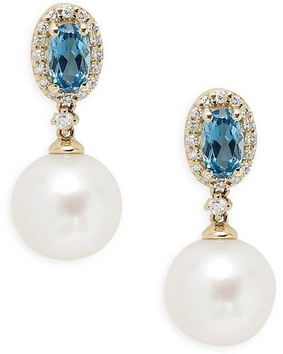 Effy 14k Yellow Gold, 8mm Freshwater Pearl, London Blue Topaz & Diamond Drop Earrings