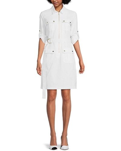 Sharagano Roll Up Belted Dress - White