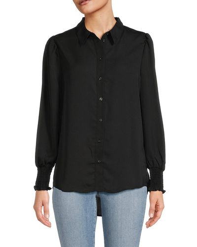 Ellen Tracy Solid Smocked Trim Shirt - Black