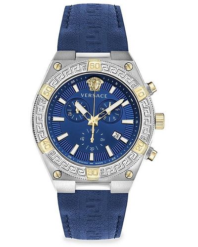 Versace V Sporty Greca 46mm Stainless Steel Case & Leather Strap Chronograph Watch - Blue