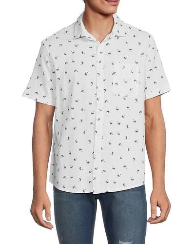 Saks Fifth Avenue Linen Blend Palm Tree Print Button Down Shirt - White