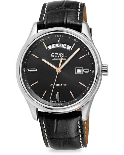 Gevril Excelsior 42mm Stainless Steel & Croc Embossed Automatic Leather Strap Watch - Gray