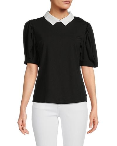 Karl Lagerfeld Collared Puff Sleeve Top - Black