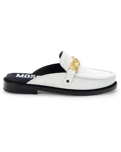 Moschino ! Logo Leather Moccasin Mules - White