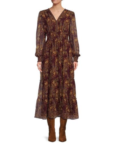 Max Studio Floral Shirred Dress - Brown