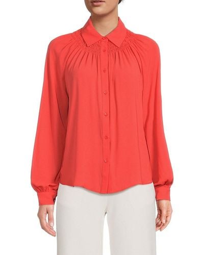 Tahari Sheer Smocked Button Down Shirt - Red