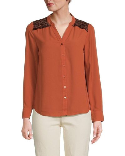 Nanette Lepore Tweed Trim Splitneck Shirt - Orange