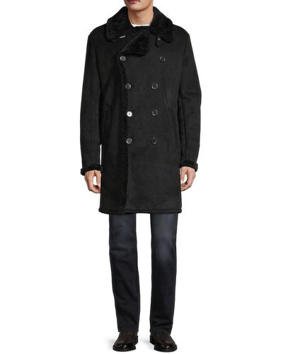 Guess Double-breasted Faux Shearling Long Coat - Black