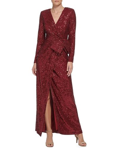 Eliza J Belted Wrap Sequin Gown - Red
