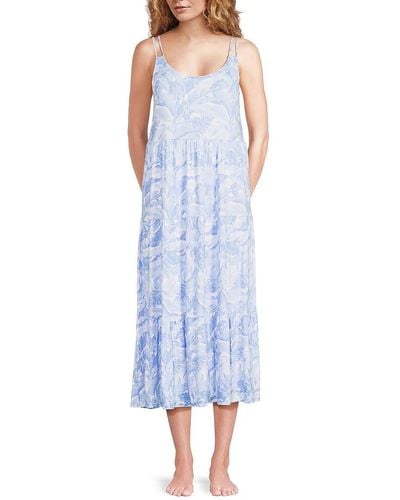 Tommy Bahama Leaf Print Tiered Midi Dress - Blue