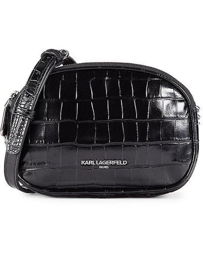 Karl Lagerfeld Charlotte Croc Embossed Leather Crossbody Bag - Black